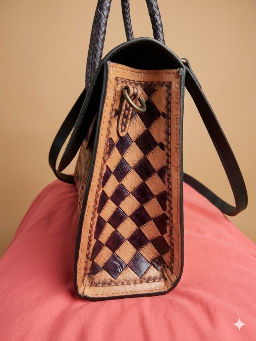 Genuine Leather Hand-Tooled Floral & Checkered Weapon Carry Satchel NWOT - Picture 3 of 8